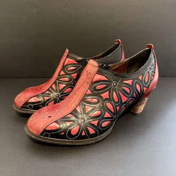 L’Artiste By Spring Step Arbella Heel Booties 11 Red & Black Leather - Picture 2 of 10